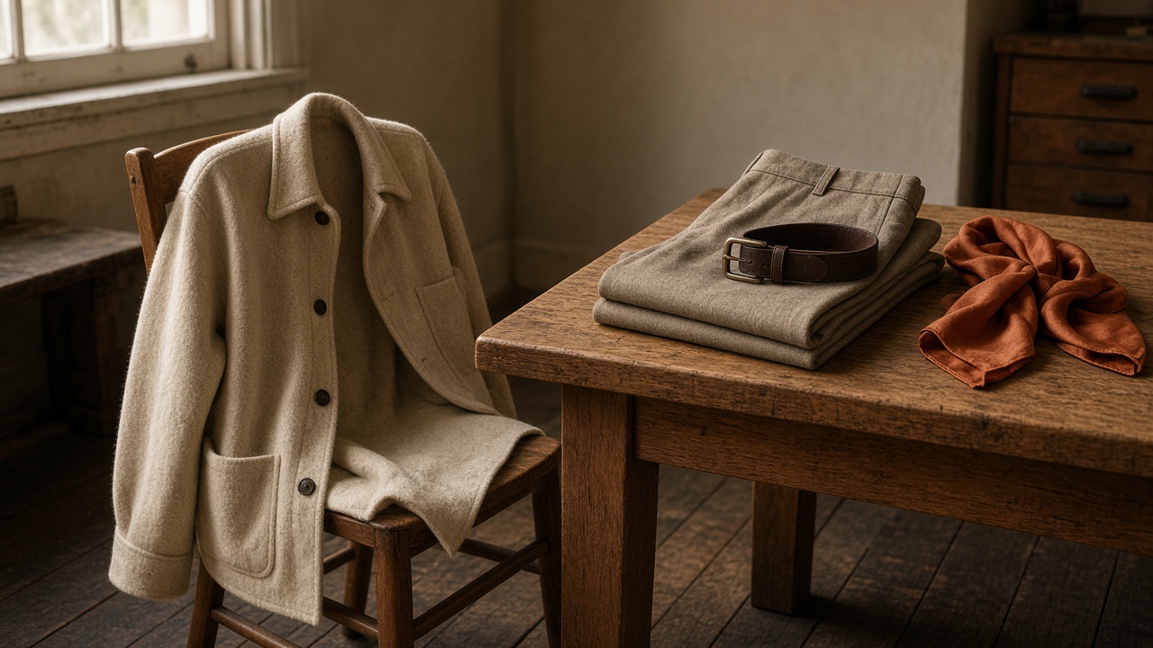 Wool overshirt, stone trousers, and a rust scarf on an oak table