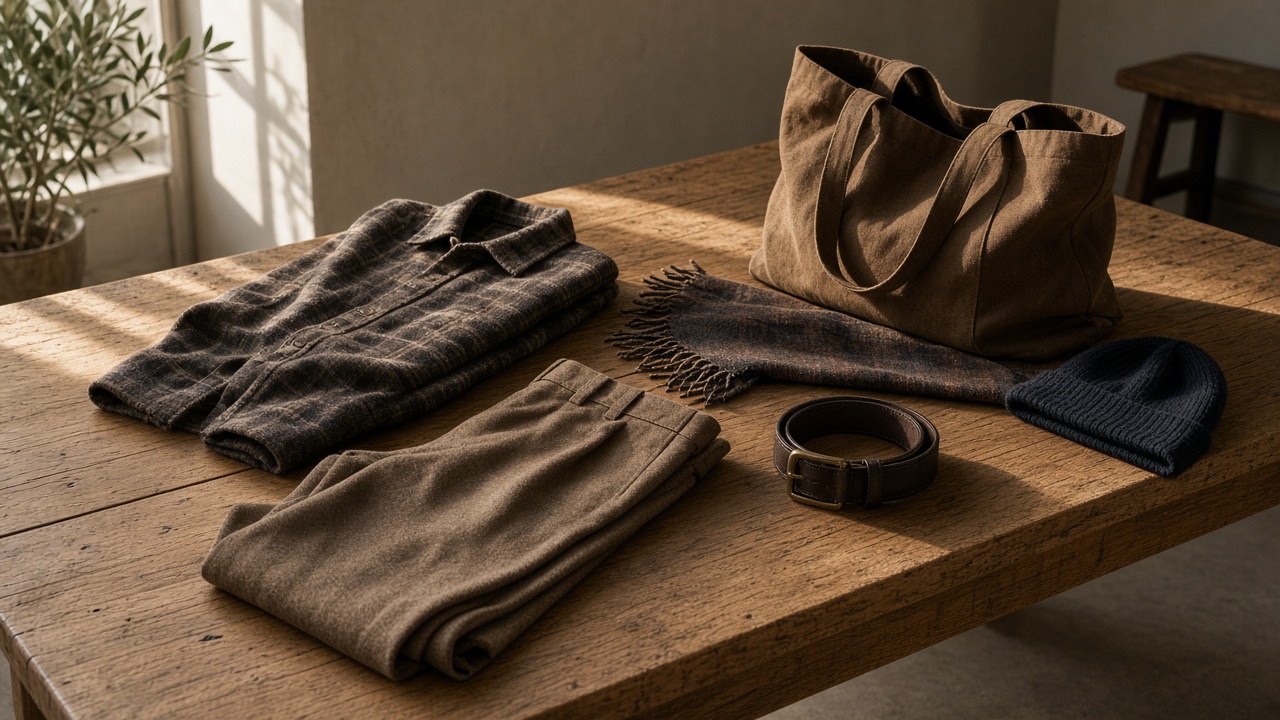 The season's clothes laid out on a long oak table